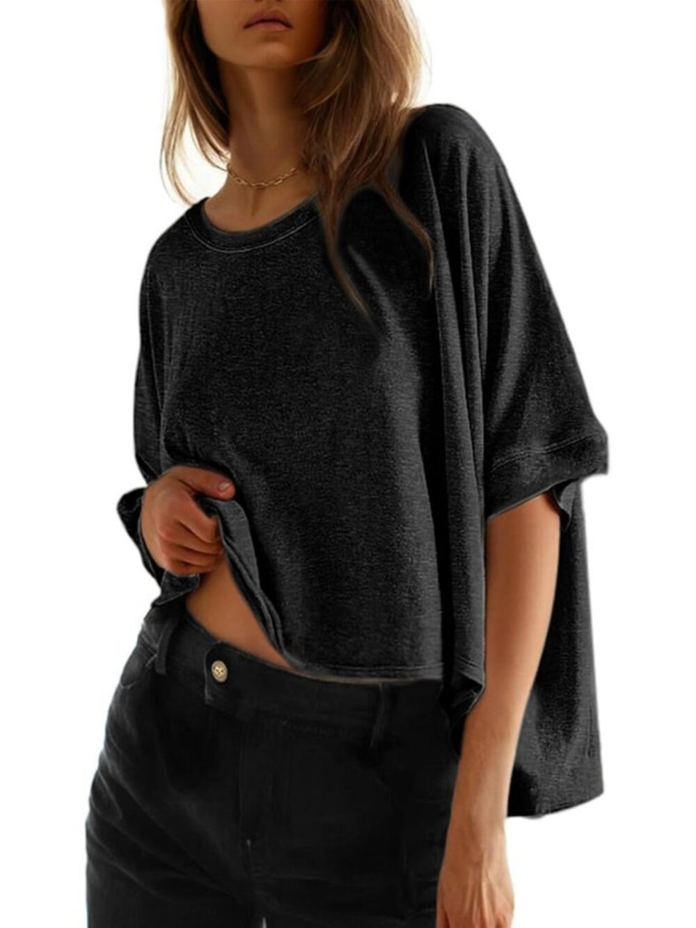 Women's Black Round Neck Casual Crop Tops Short Sleeve Pull On Basic Tee Shirts